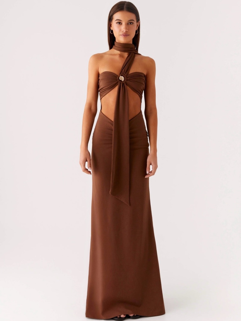Peppermayo Chocolate Brown Cutout Maxi Dress with Draped Scarf Detail